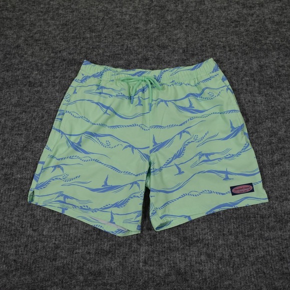 Vineyard Vines Chappy Swim Trunks Mens Medium Green Blue Print Mesh Lined - Picture 1 of 10
